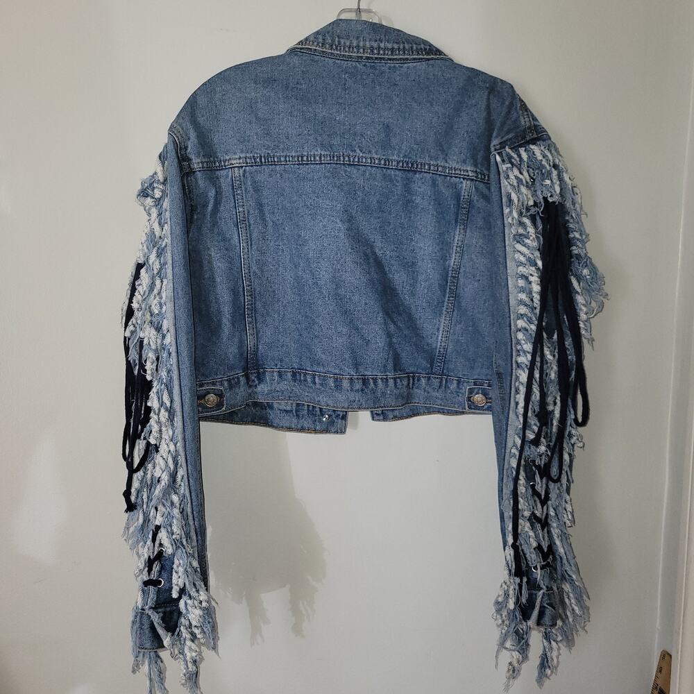 Azalea Wang Blue Denim Jacket Cropped Lace Up Sleeve Fringe Rocker Sz Large - Picture 5 of 12